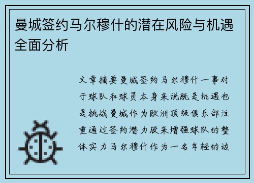 曼城签约马尔穆什的潜在风险与机遇全面分析