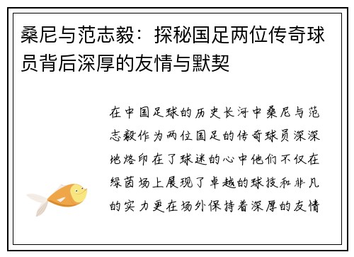 桑尼与范志毅：探秘国足两位传奇球员背后深厚的友情与默契