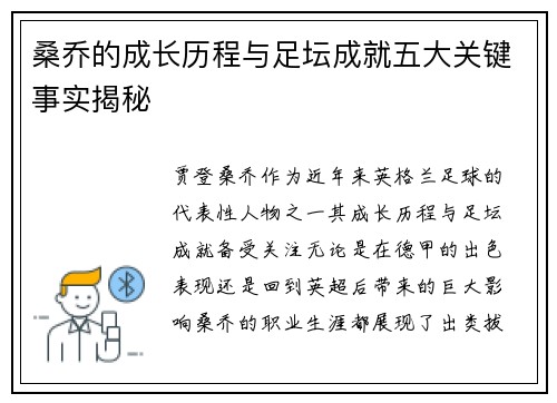 桑乔的成长历程与足坛成就五大关键事实揭秘